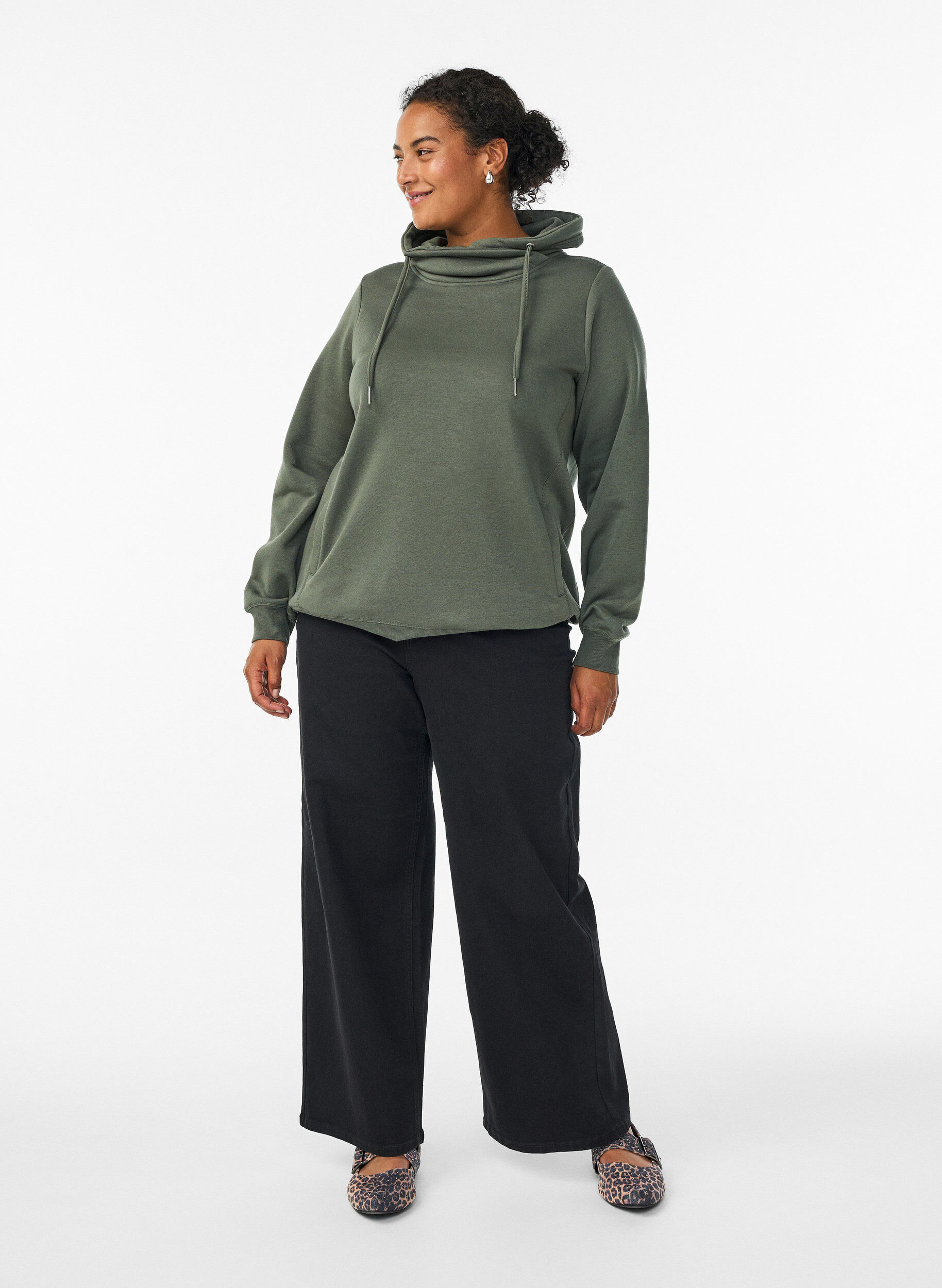 Zizzifashion Sweatshirt with high collar and pockets, Green, Model image number 1