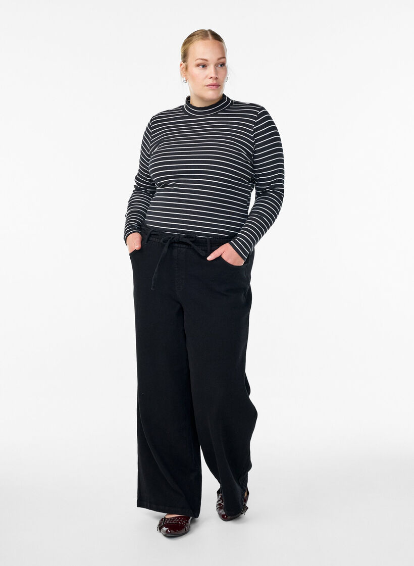 Striped ribbed jersey blouse with a high neck, Black, Model image number 1