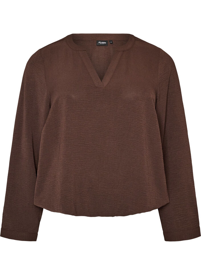 Balloon silhouette blouse with V-neck, Brown, Packshot image number 0