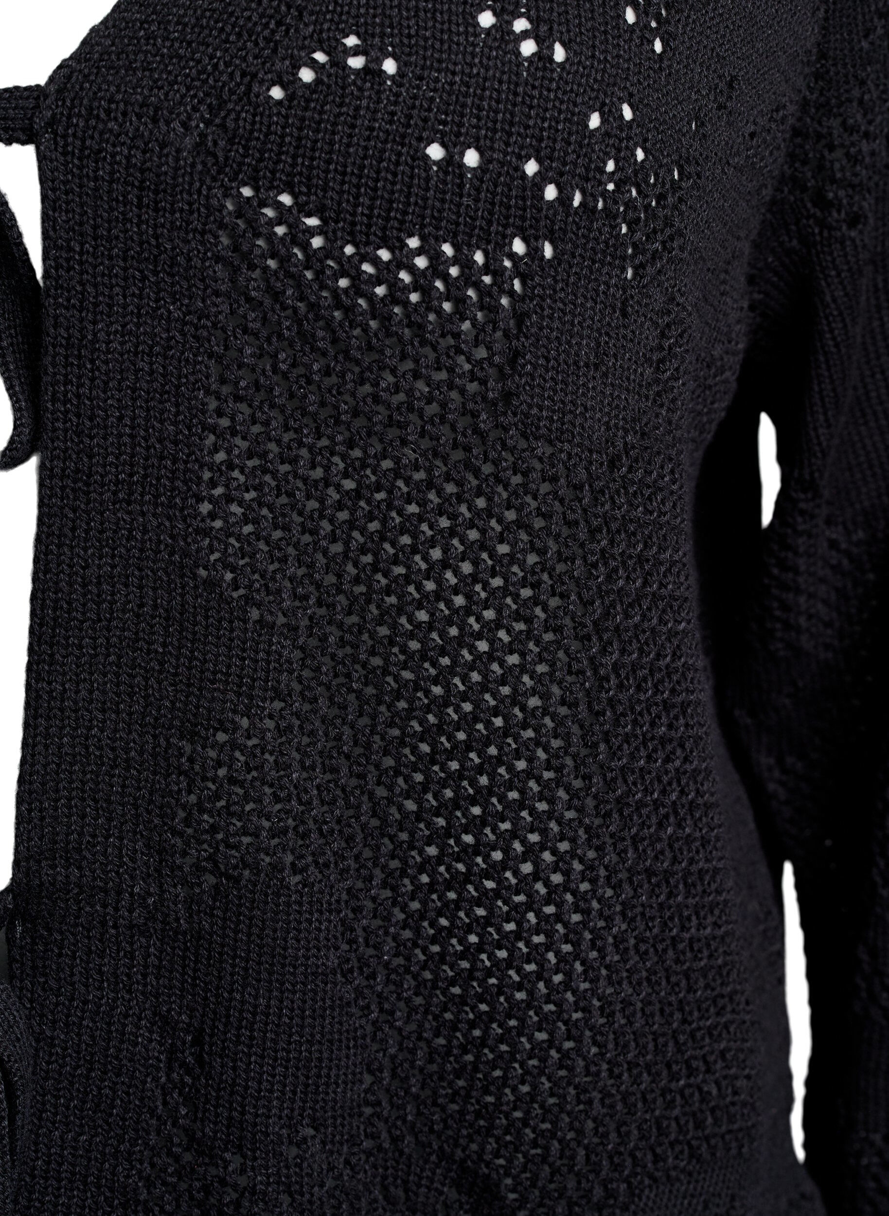 Zizzifashion Knitted cardigan with openwork pattern and tie strings, Black, Packshot image number 2