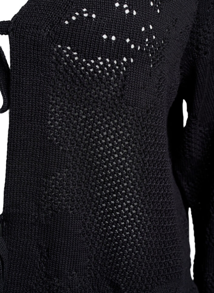 Knitted cardigan with openwork pattern and tie strings, Black, Packshot image number 2