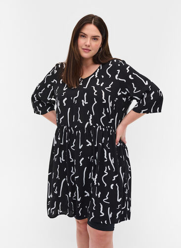 Printed viscose tunic with 1/2 sleeves, Black Paint Strokes, Model image number 0