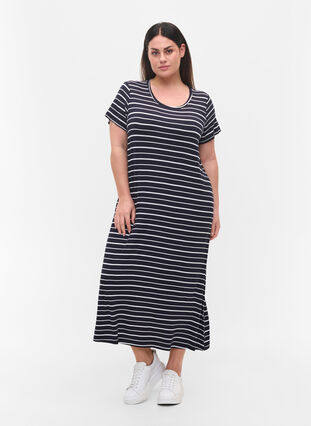 Striped short-sleeved midi dress, Night Sky Stripe, Model image number 2