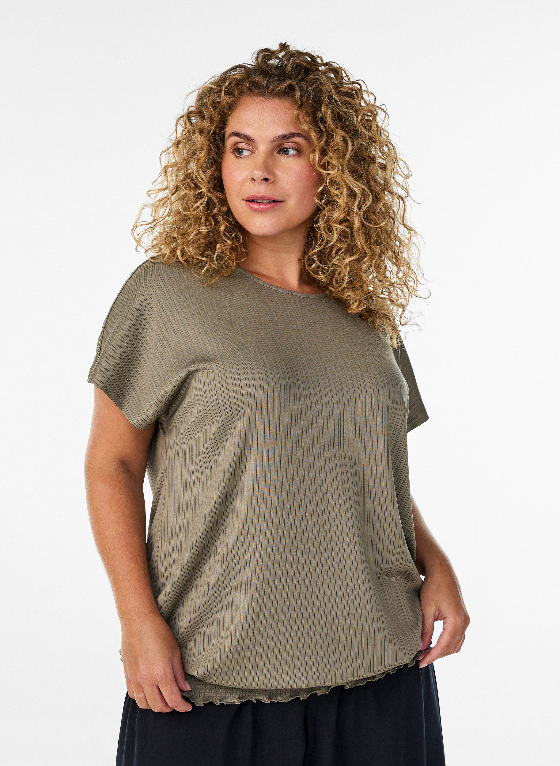 Zizzifashion Jersey blouse with textured stripes and a smocked hem, Brown, Model image number 0