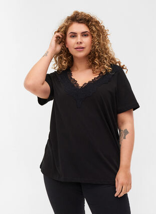 Cotton t-shirt with v-neck and lace, Black, Model image number 0