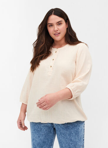 Cotton blouse with buttons and 3/4 sleeves, Mother Of Pearl, Model image number 0