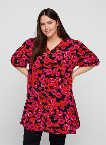 Viscose tunic with floral print, RED FLOWER AOP, Model image number 0