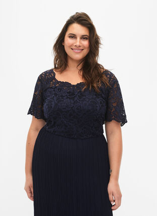 Short-sleeved maxi dress with pleats and lace, Night Sky, Model image number 2