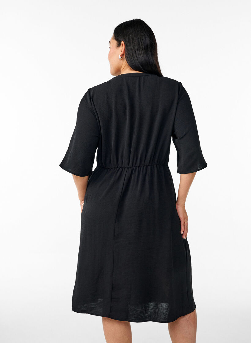 Mid-length dress with tie detail, Black, Model image number 2