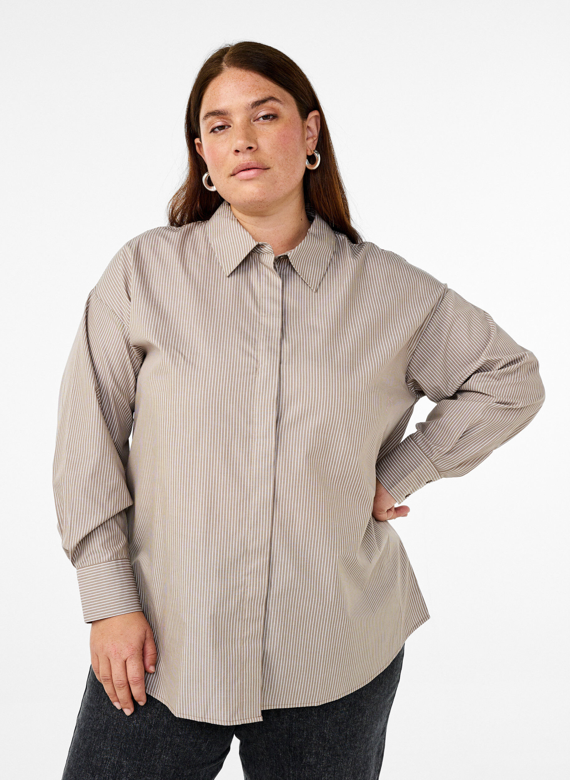 Zizzifashion Loose long-sleeved shirt with stripes, Brown, Model image number 0