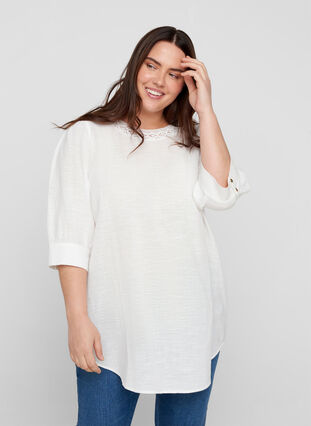 Tunic with 3/4-length sleeves and lace, Bright White, Model image number 0