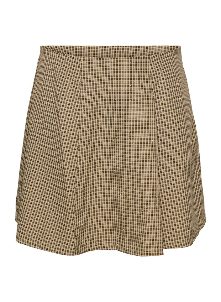 Skirt with a mini-check pattern and rhinestones, Brown, Packshot image number 0