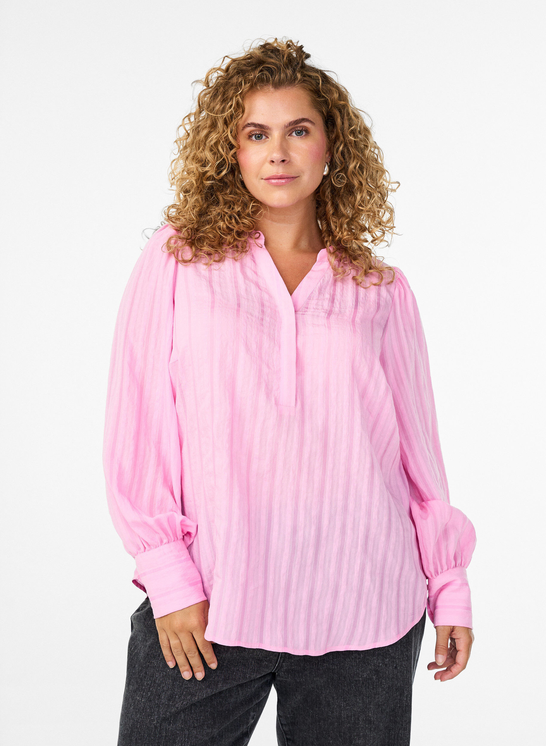 Blouse with vertical stripes, Pink, Model