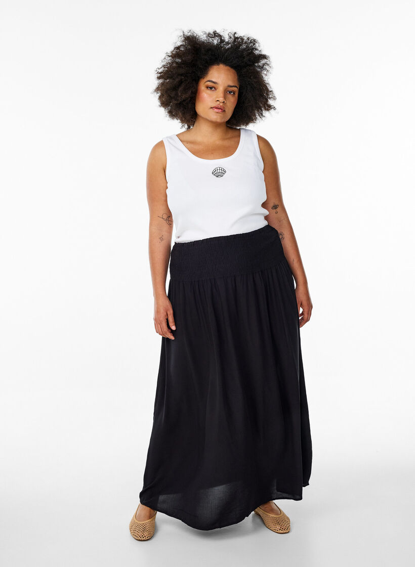 FLASH - Viscose maxi skirt with smocking, Black, Model image number 0