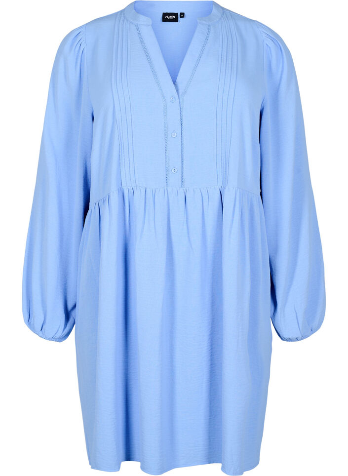 FLASH - Short dress with pleats and long sleeves, Light Blue, Packshot image number 0