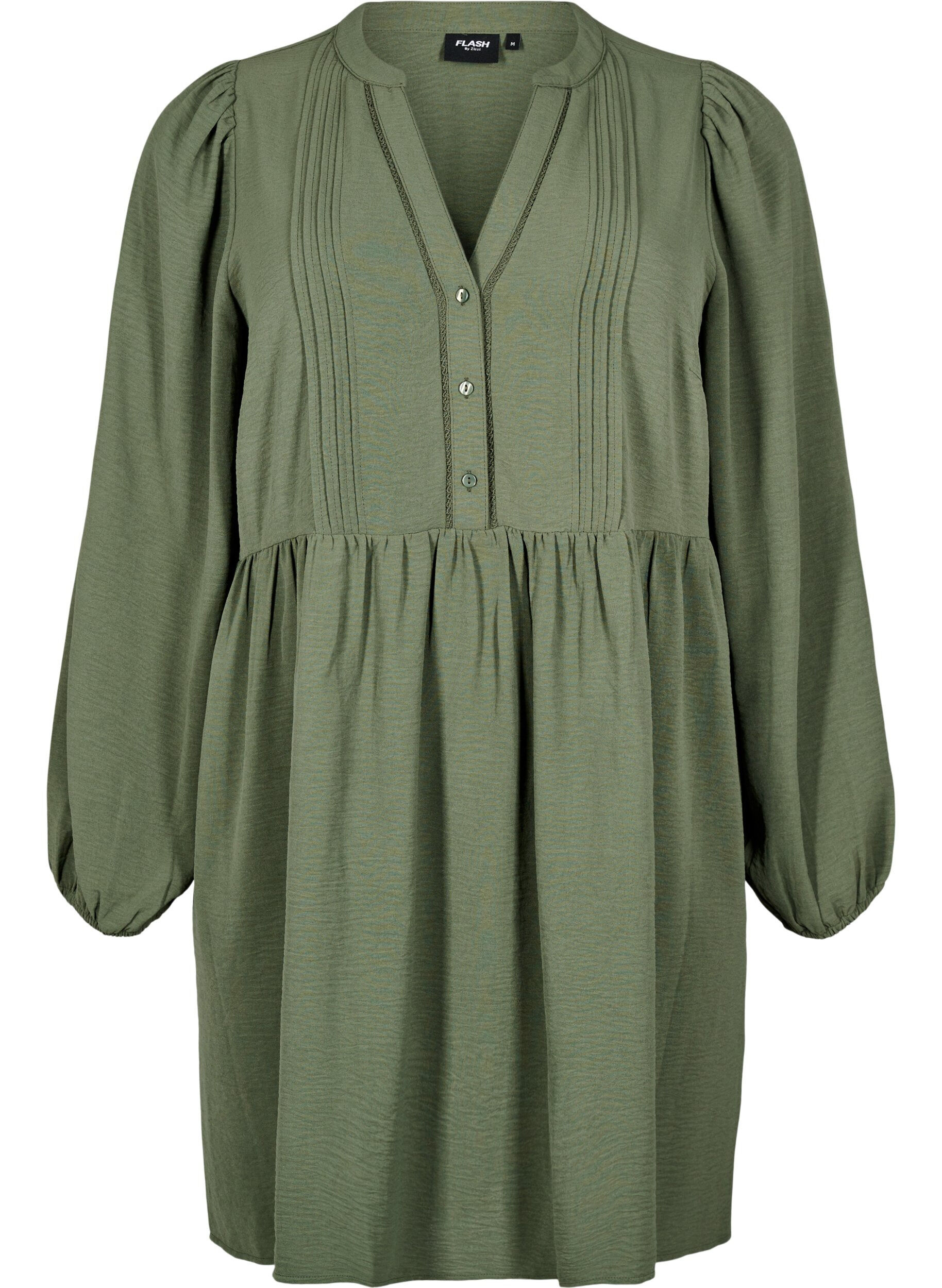 Zizzifashion FLASH - Short dress with pleats and long sleeves, Green, Packshot image number 0