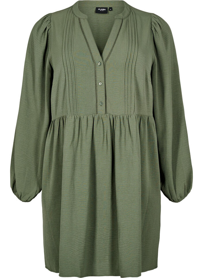 FLASH - Short dress with pleats and long sleeves, Green, Packshot image number 0