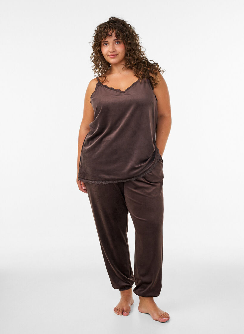 Velour top with lace trim, Brown, Model image number 1