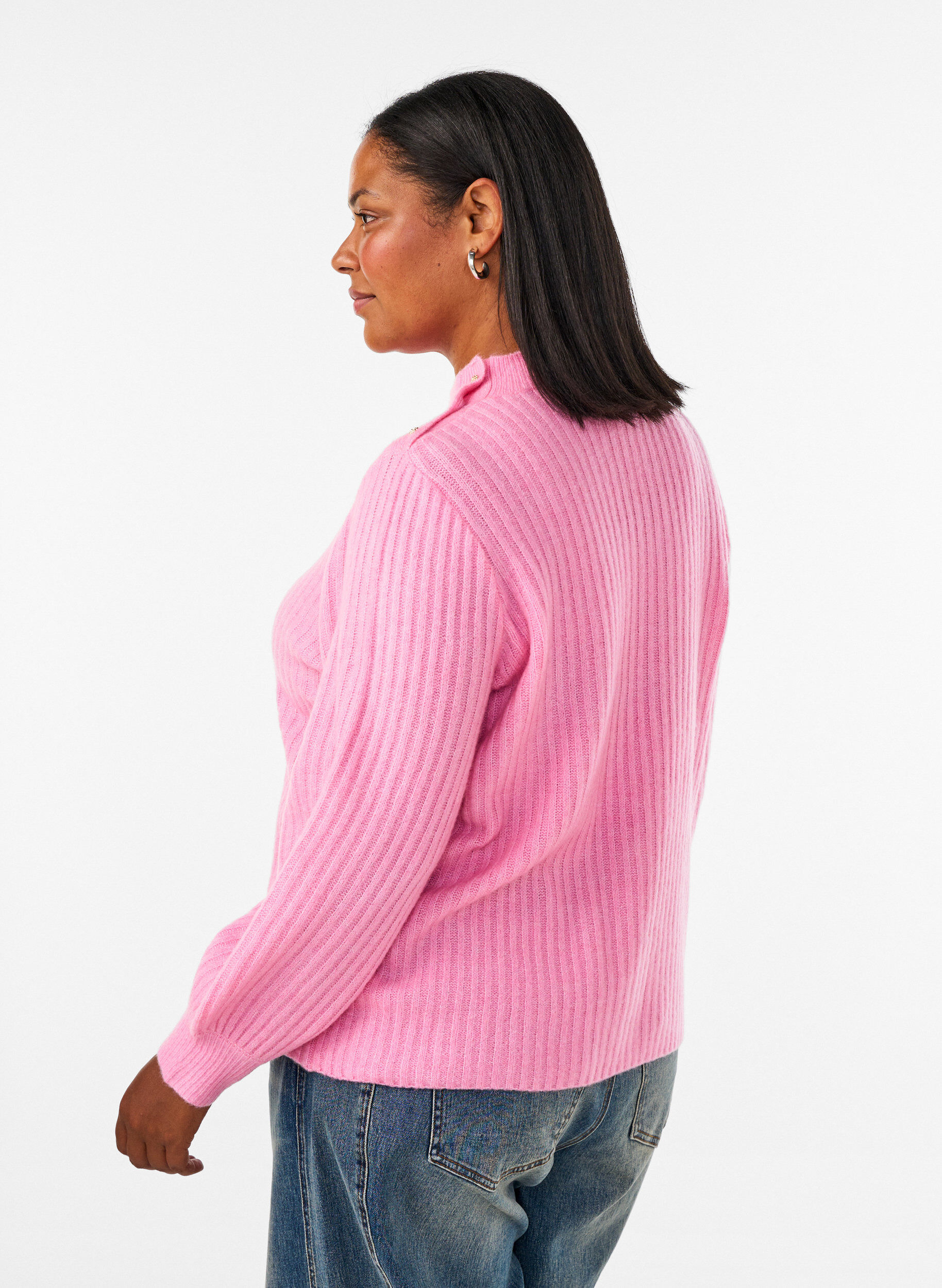 ZizzifashionRibbed jumper with puff sleeves and buttons, Pink, Model image number 2