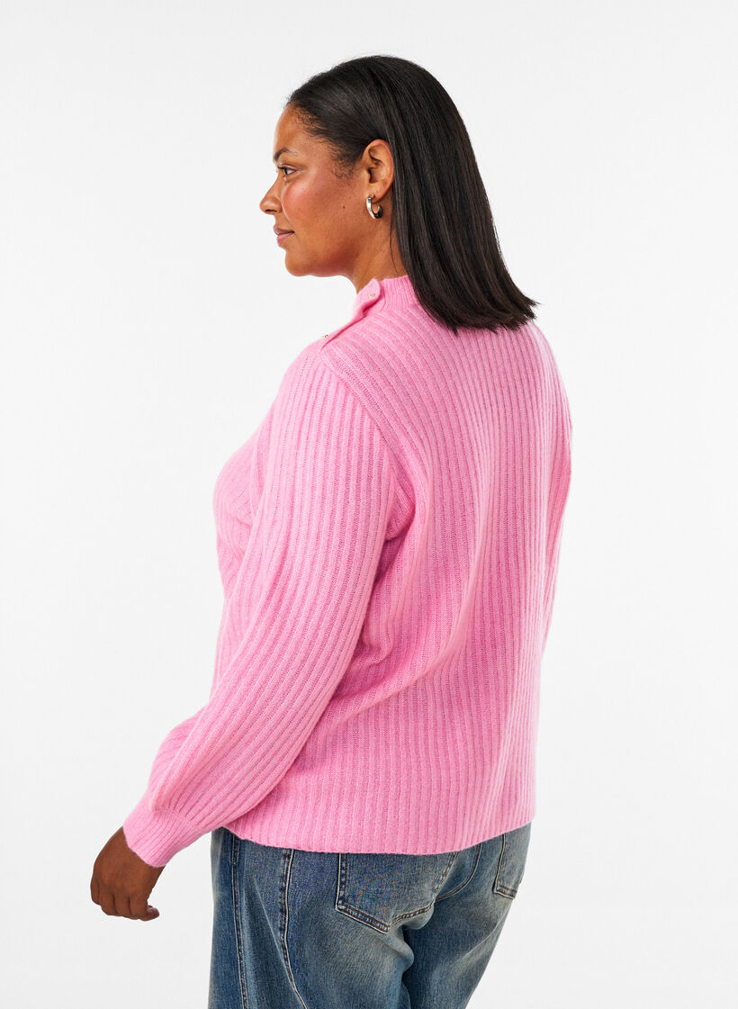 Ribbed jumper with puff sleeves and buttons, Pink, Model image number 2