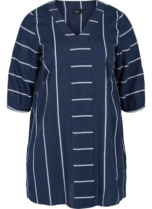 Striped cotton tunic with 3/4 sleeves, N.Sky w.White Stripe, Packshot image number 0