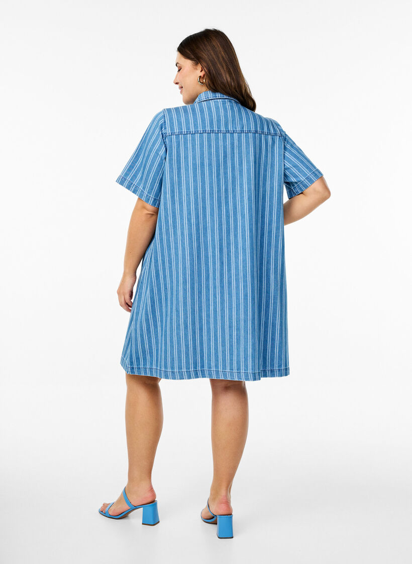 Short denim shirt dress with a striped pattern, Blue, Model image number 2