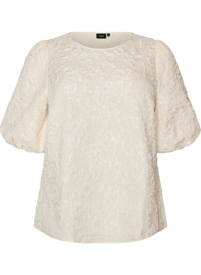 Jacquard blouse with puff sleeves and an A-line shape, Vanilla, Packshot image number 0