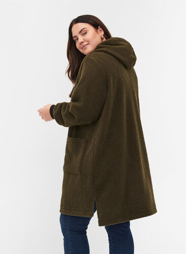 Long teddy jacket with hood and pockets, Ivy Green, Model image number 1