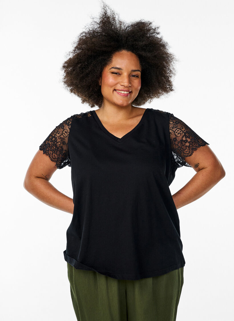 Cotton t-shirt with short lace sleeves, Black, Model image number 0