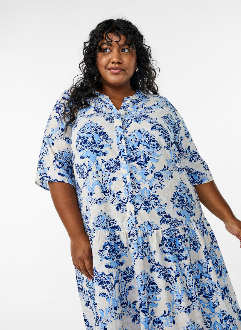 A-line midi dress with short sleeves, Beige, Model image number 3