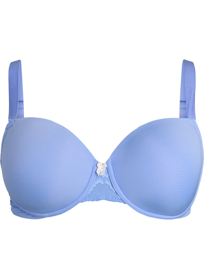 Moulded microfibre bra with lace detail and bow, Blue, Packshot image number 0