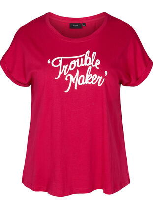 Short-sleeved cotton t-shirt w ith print, Cerise w. Trouble , Packshot image number 0