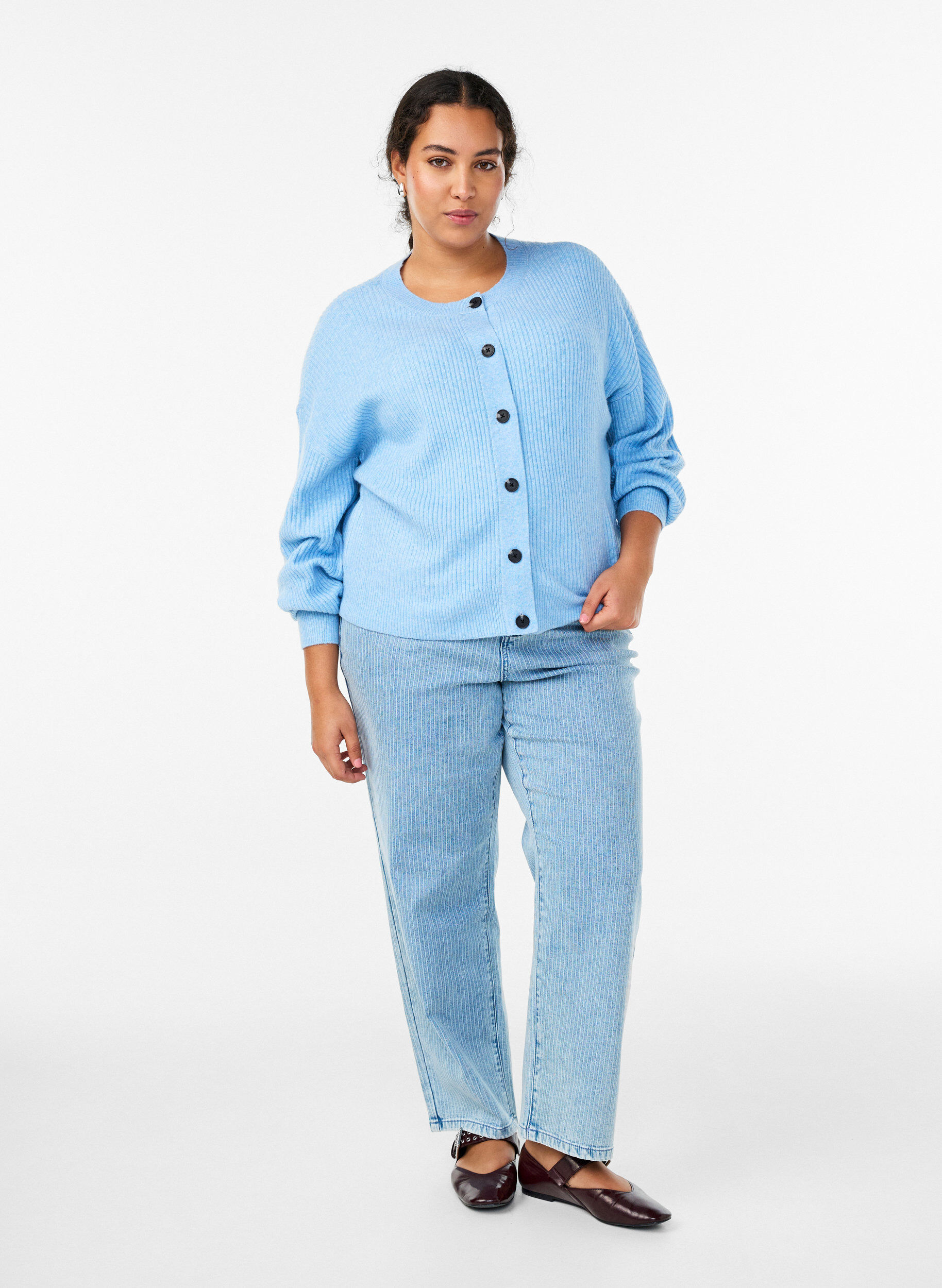 ZizzifashionRibbed cardigan with buttons, Light Blue, Model image number 1