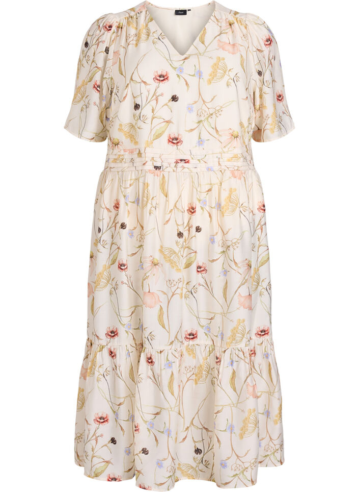 Floral midi dress with an A-line shape, Beige, Packshot image number 0