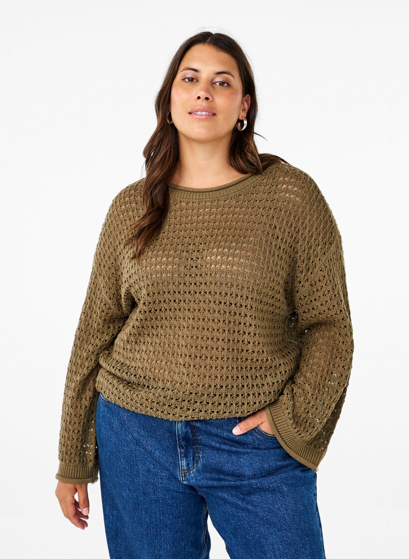 Knitted blouse with hole pattern, Dusky Green, Model image number 0