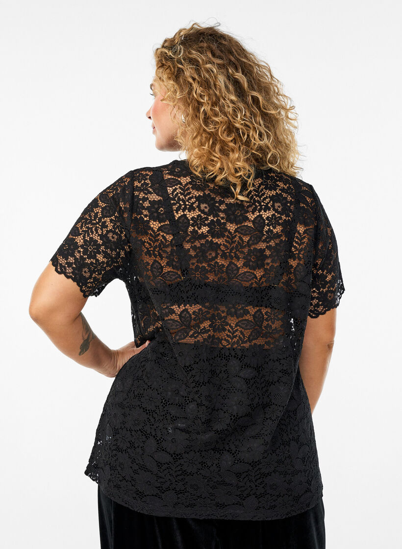 Lace blouse with short sleeves and round neck, Black, Model