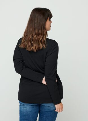 Long-sleeved ribbed blouse with a round neck, Black, Model image number 1