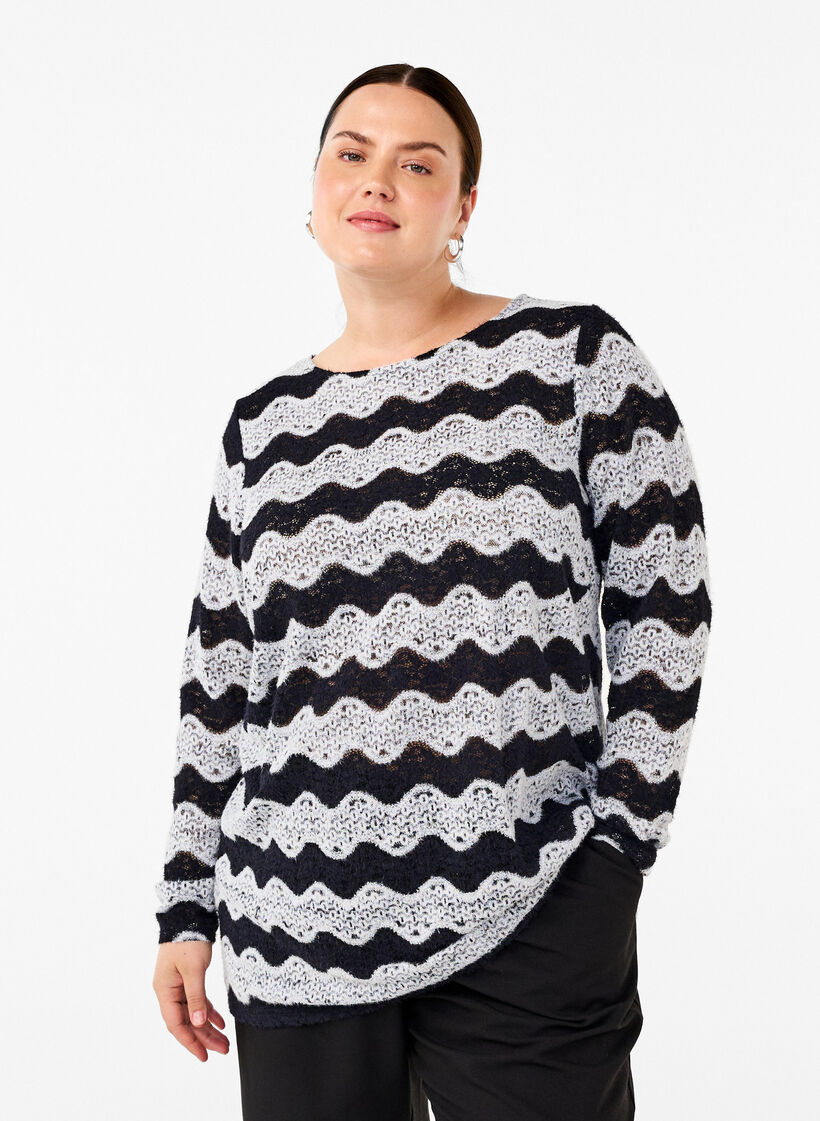 Knitted blouse with a wave pattern, Black Stripe, Model image number 0