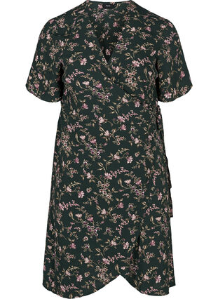 Short-sleeved wrap dress, Green w. rose, Packshot image number 0