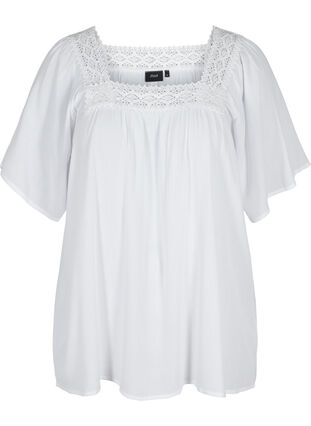 Short-sleeved viscose blouse with lace, Off White, Packshot image number 0