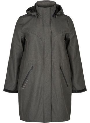 Long, hooded softshell jacket, Dark Grey Melange, Packshot image number 0