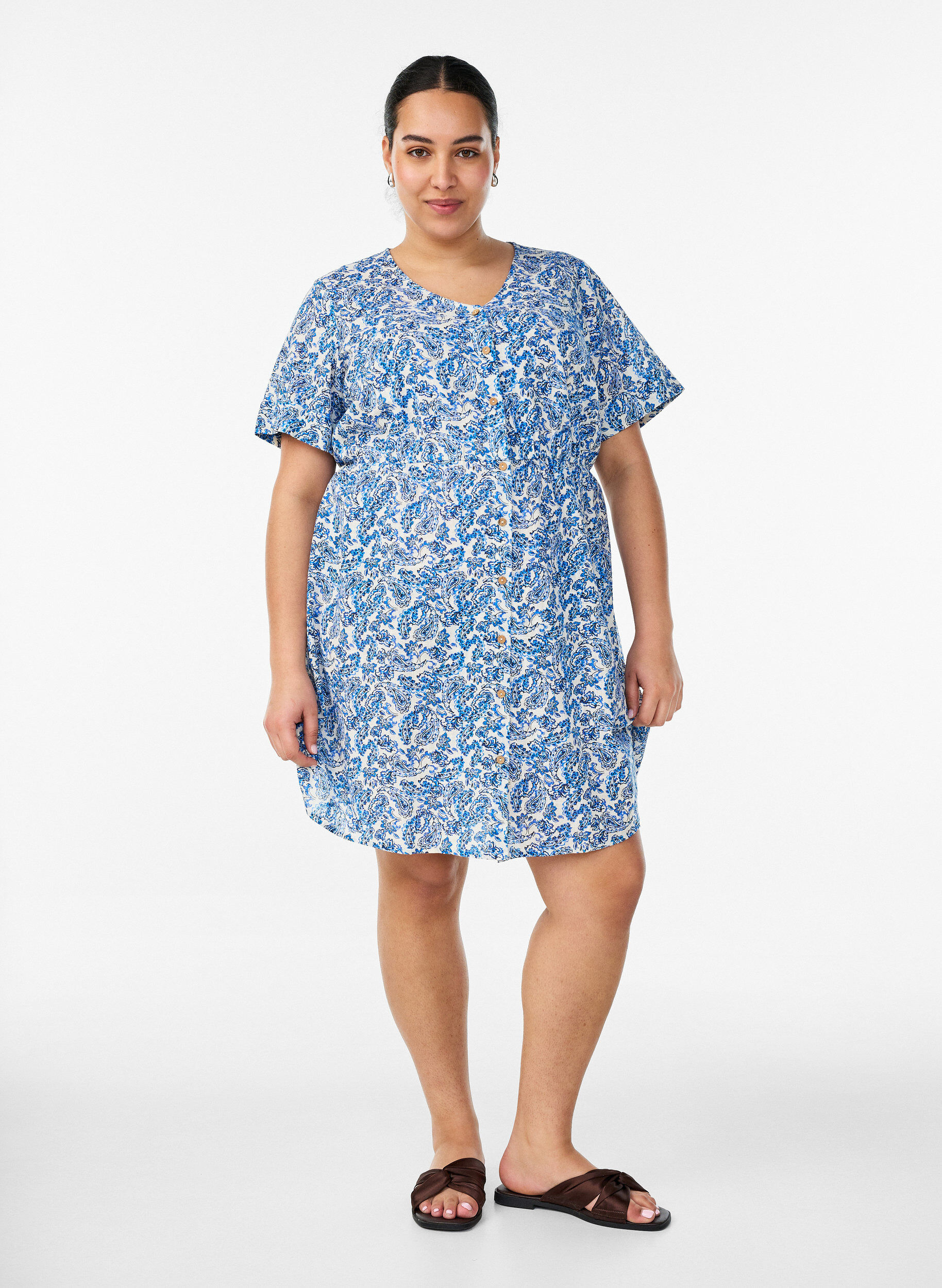 Zizzifashion Short cotton dress with floral print, Blue, Model image number 1
