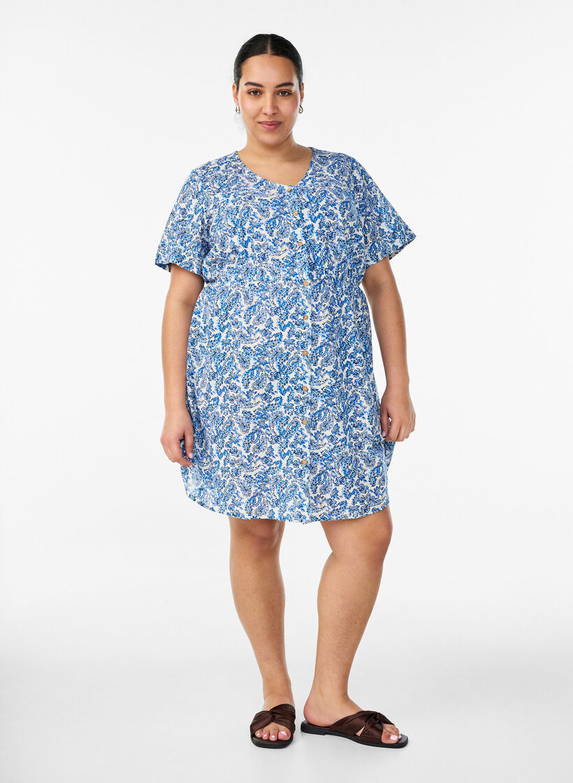 Short cotton dress with floral print, Blue, Model image number 1
