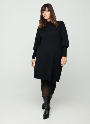 High neck dress with balloon sleeves, Black, Model image number 2