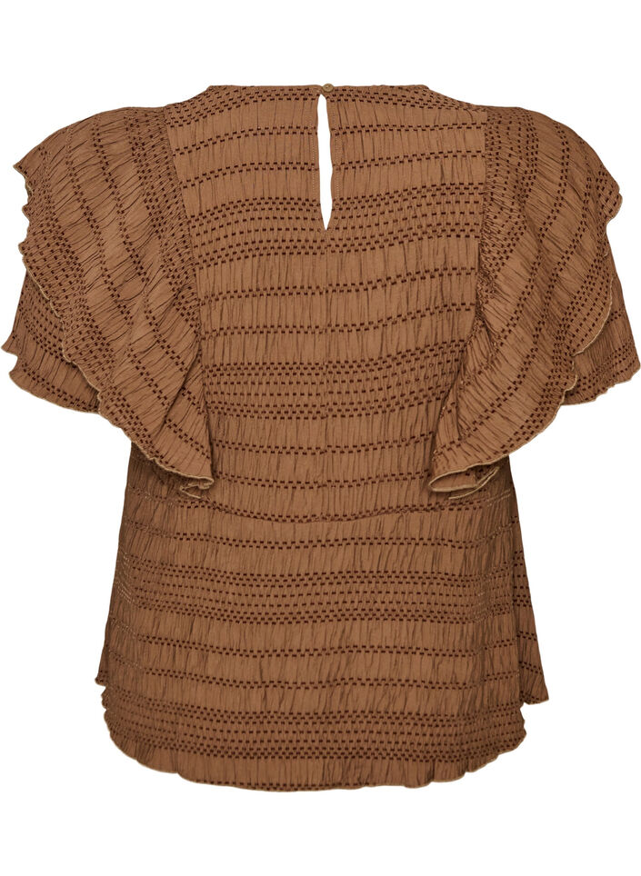 Blouse with smocked texture and ruffle sleeves, Brown, Packshot image number 1
