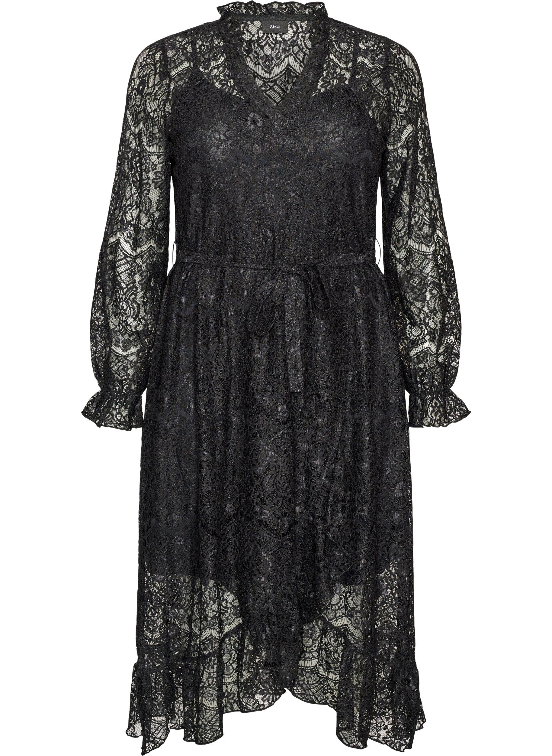 ZizzifashionLace dress with wrap skirt and ruffles, Black, Packshot image number 0