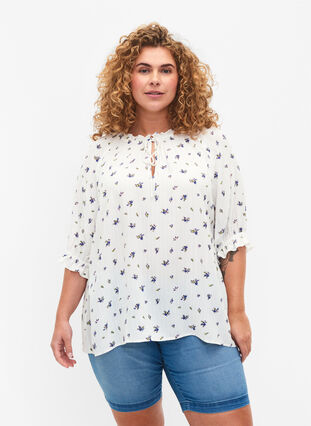 Floral viscose blouse with half-length sleeves, Bright White Flower, Model image number 0