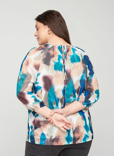 Printed blouse with 3/4 sleeves and tie detail, Reflecting Pond, Model image number 1