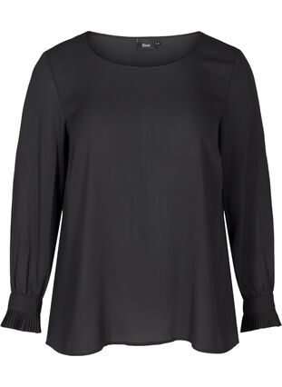 Long-sleeved plisse blouse, Black, Packshot image number 0
