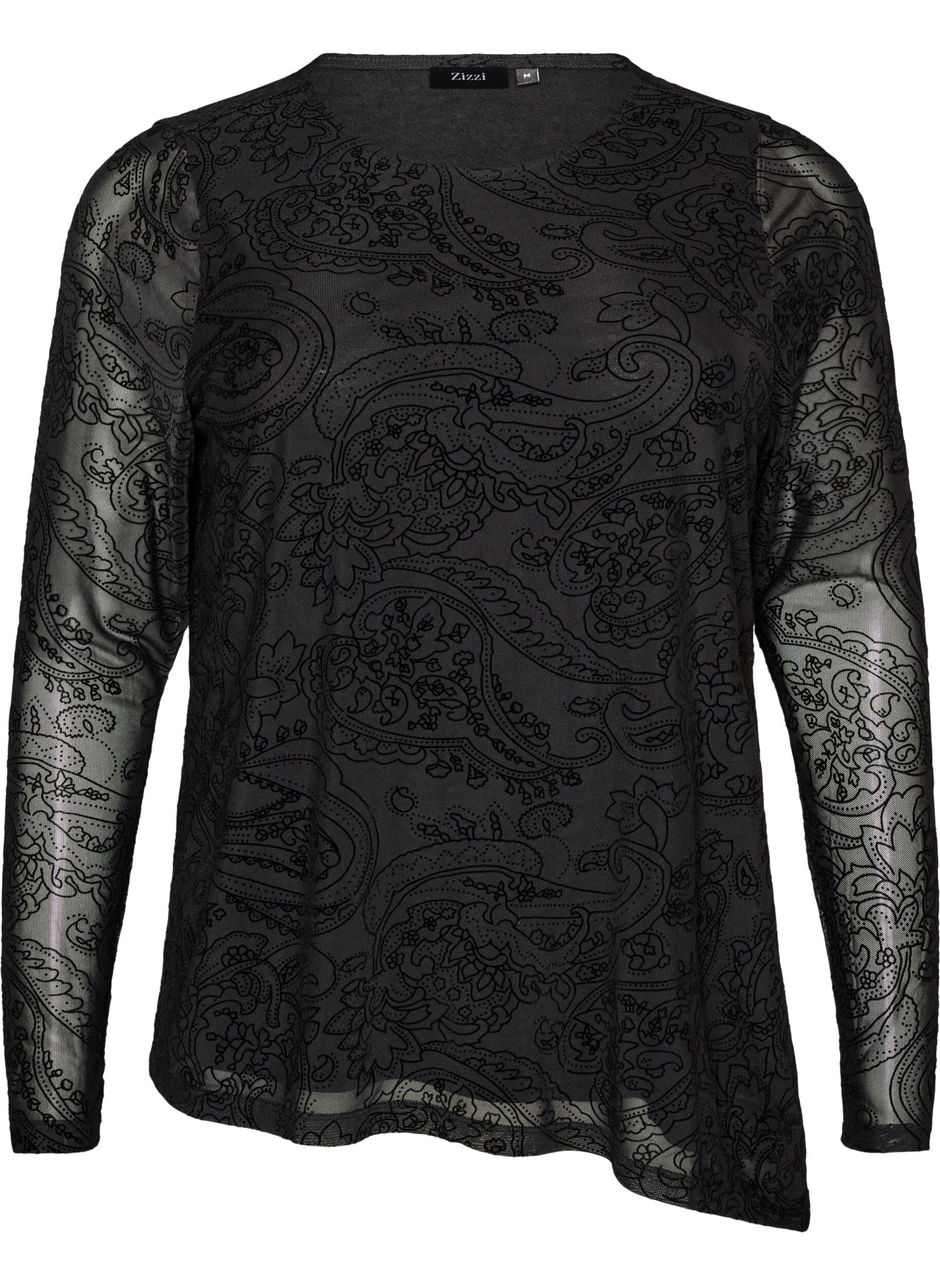 ZizzifashionMesh blouse with paisley print and asymmetrical hem, Black, Packshot image number 0
